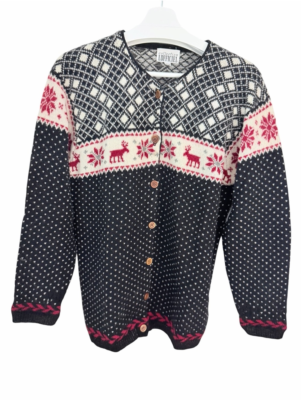 L'OFFICIEL Black Red Nordic Fair Isle 100% Wool Cardigan Vintage size M - Picture 3 of 11